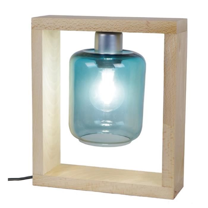 TRIUMPH Lampe à poser Bois Hêtre massif verre soufflé - 25x8x29cm - Bleu Pétrole