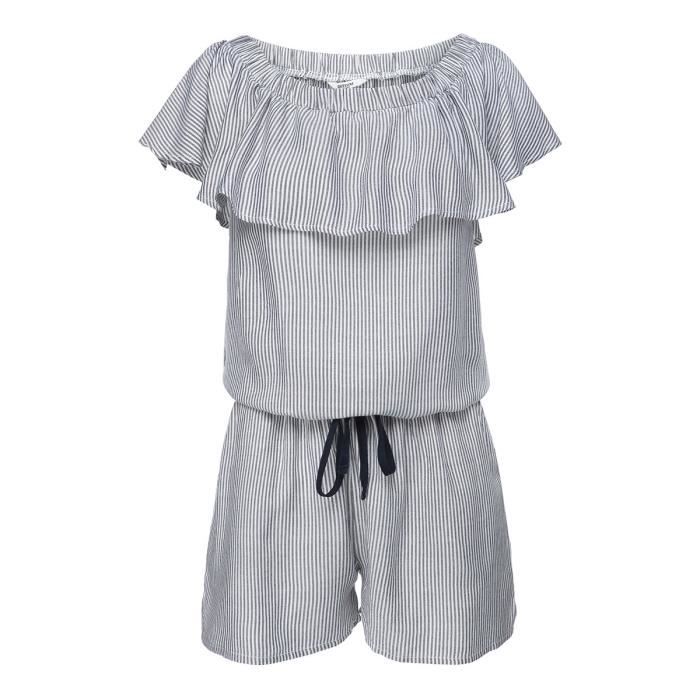 DEELUXE - Combishort Bleu Clair Rayée à Encolure Bardot