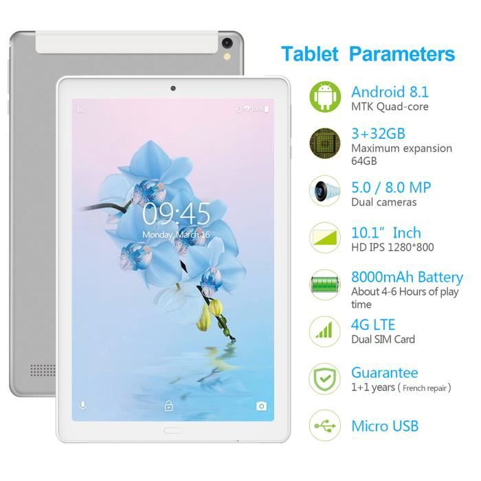 Tablette-4G LTE-Android 8.0-8000mAh-10.1"1
