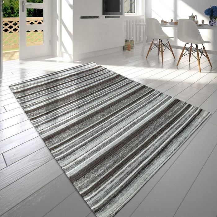 Paco Home Moderne Poils Ras Salon Tapis Rayures Design Chiné