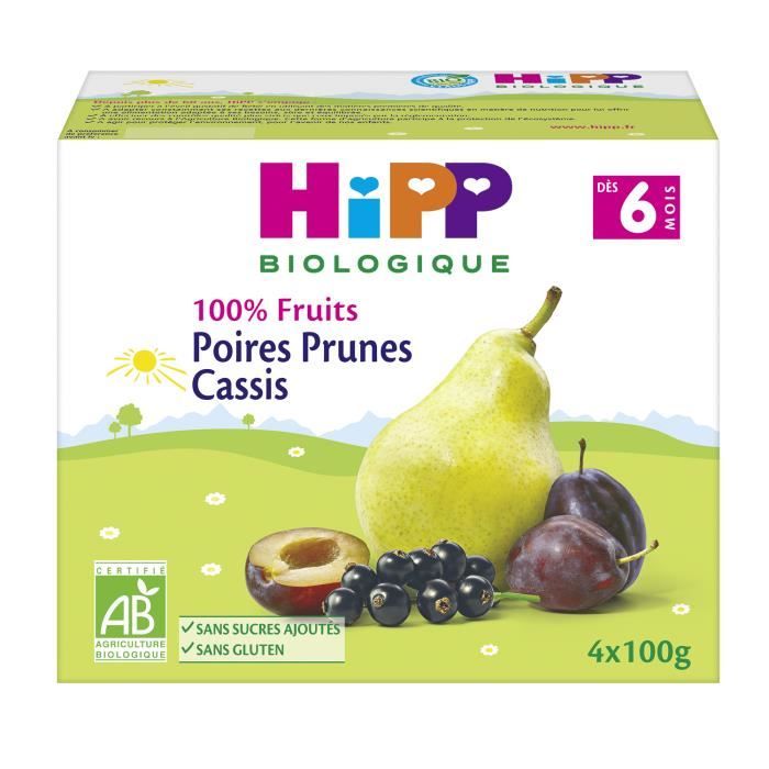 Hipp Bio 100% Fruits Coupelle Poires Prunes Cassis +6m Lot de 4 x 100g