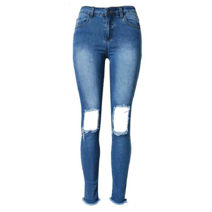 Ripped Jeans Femme Bleu Sexy Nightclub Mode Trou Genou Ripped Jeans Femme Bleu Sexy Nightclub Mode Trou Genou
