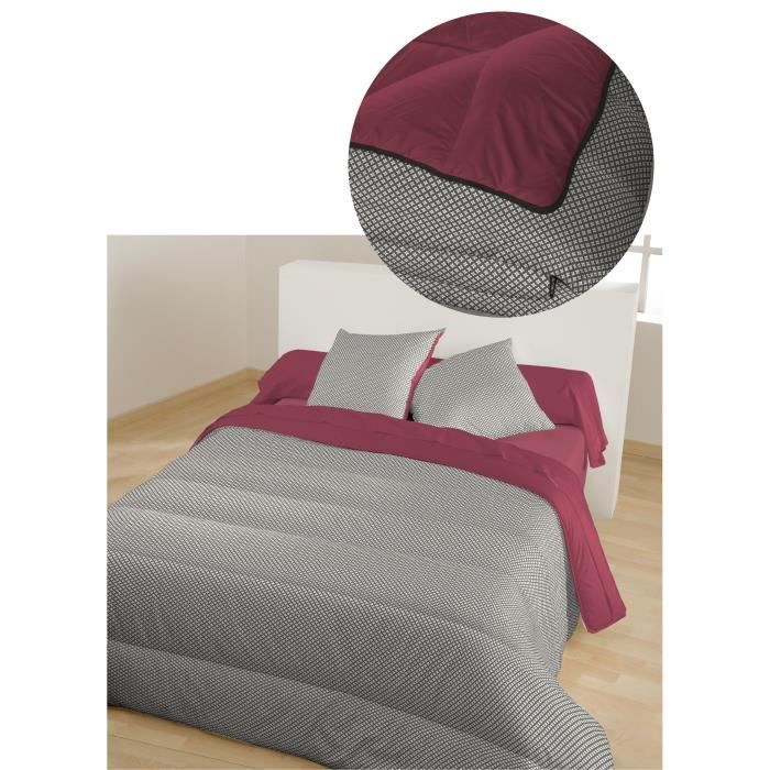 BLEU CALIN Couette faux uni MILA Gris / Uni Bordeaux - Biais contrasté - 140x200cm