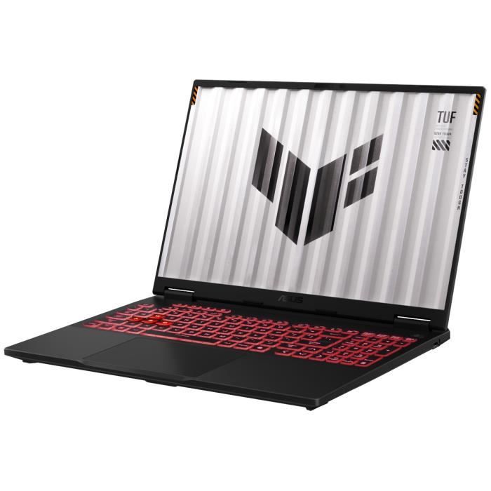 Vue latérale du PC portable ASUS TUF Gaming A16 montrant l'écran ouvert