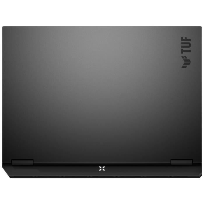 Vue de dessus du PC portable ASUS TUF Gaming A16 avec logo TUF sur le capot