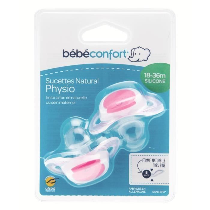 BEBE CONFORT 2 Sucettes Natural Physio - 18-36 mois- Silicone - Fushia (Lot de 3)