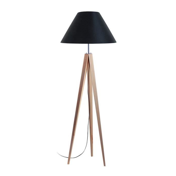 IDUN Lampadaire trépied en bois naturel - Ø50 x H.163 cm - Abat-jour conique noir - E27 60W
