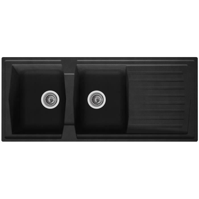 STRADOUR Evier cuisine a encastrer 2 bacs + 1 egouttoir Arena - Resine - 116 x 50 cm - Noir