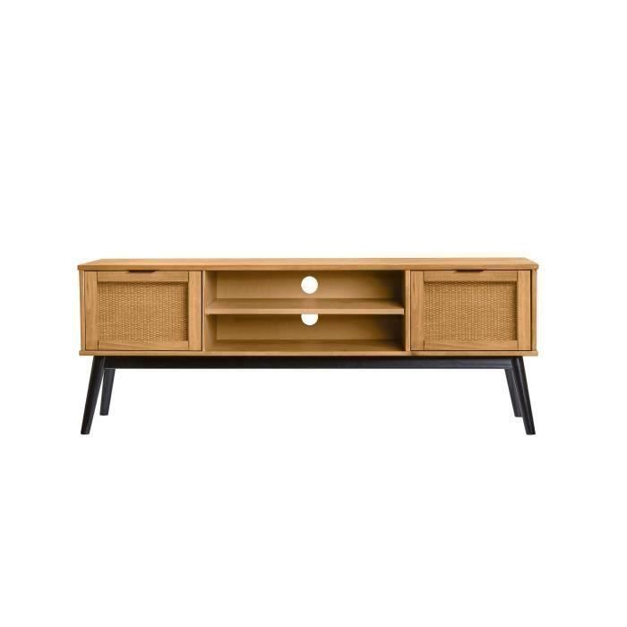 LIMA Meuble TV 2 portes en pin massif - Décor ciré et noir - L 140 x P 40 x H 52 cm