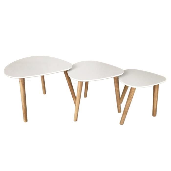 Lot De 3 Table Basse Style Scandinave En Mdf Laqué Blanc Brillant