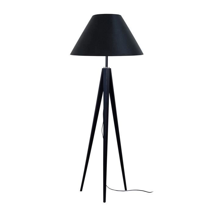 IDUN Lampadaire trépied en bois noir - Ø50 x H.163 cm - Abat-jour conique noir - E27 60W