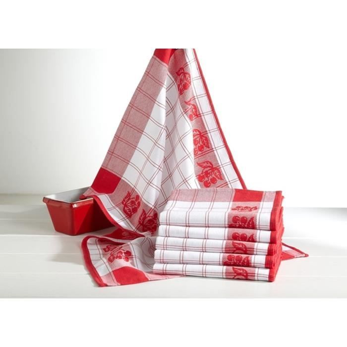 Lot de 6 torchons de cuisine Coralie cerises rouges 50x70 cm