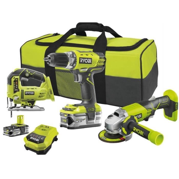 RYOBI Pack perceuse-visseuse, scie sauteuse et meuleuse d'angle - Avec 2 batteries lithium 4 / 1,5 Ah