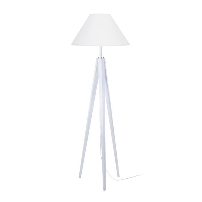 IDUN Lampadaire trépied en bois blanc - Ø50 x H.163 cm - Abat-jour conique blanc - E27 60W
