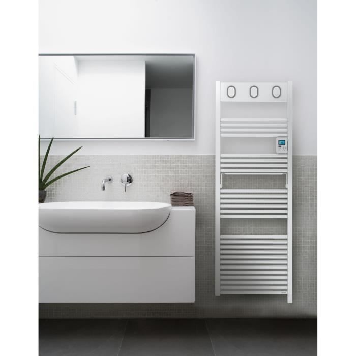 SAUTER Marapi Radiateur Sèche-serviettes électrique - 750 watts - Ecran rétro-éclairé - Programmation hebdomadaire -Tubes ronds