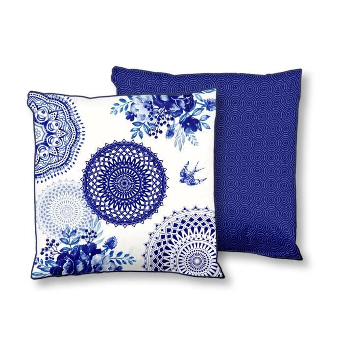 HIP Coussin déco imprimé GRANDE - 48x48 cm - Indigo et Blanc
