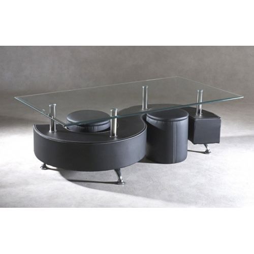 130 x H 70 x P 45 cm. TABLE BASSE PU NOIR ET 2 POUFS au design