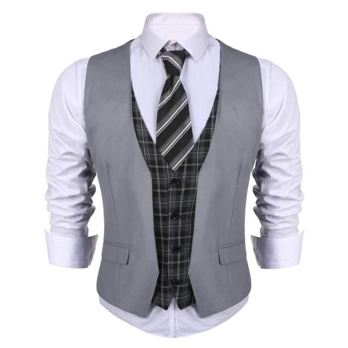 Hommes Gilet De Costume ColV Sans Manches Couleur Contrastes Slim 4