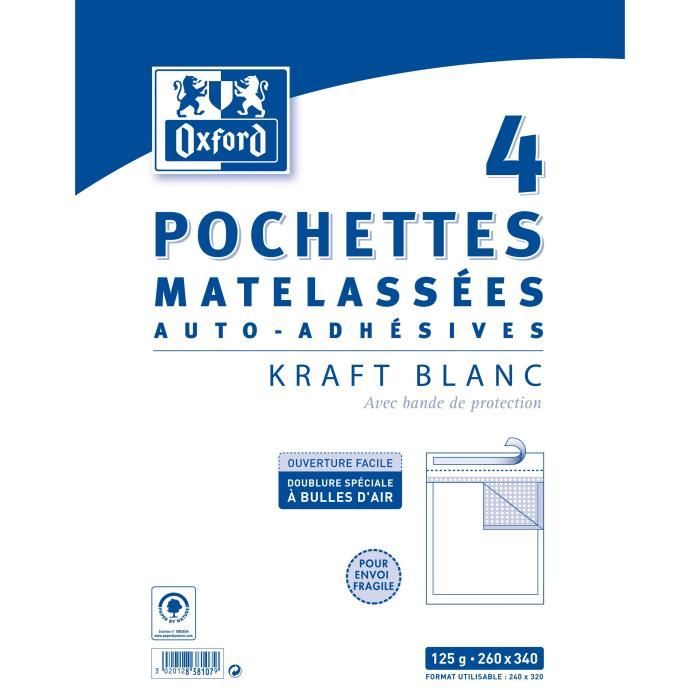 OXFORD 4 Pochettes Matelassées Kraft auto-adhésives - 34 cm x 26 cm x 2,5 cm