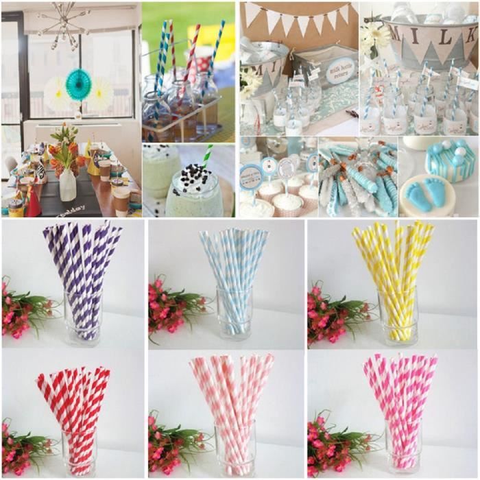 200 Pailles Papier Rayées Colorées Réutilisables - Lot 5 Couleurs Festives Pour Cocktails, Anniversaires, Mariages, Noël & Soirées