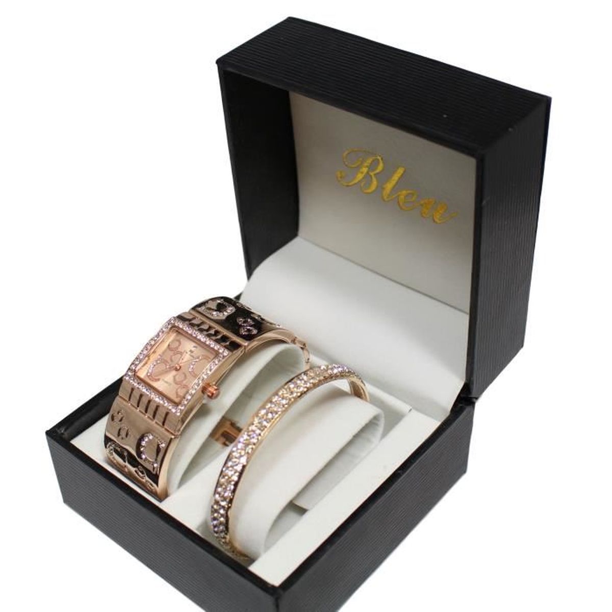 coffret montre femme bijoux gold rose strass + bracelet jonc cuivré collection dolce vita
