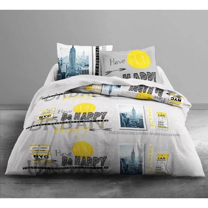 TODAY Parure de couette Only BE URBAN - 1 housse de couette 220x240 cm + 2 taies d'oreillers 63x63 cm blanc, gris et jaune