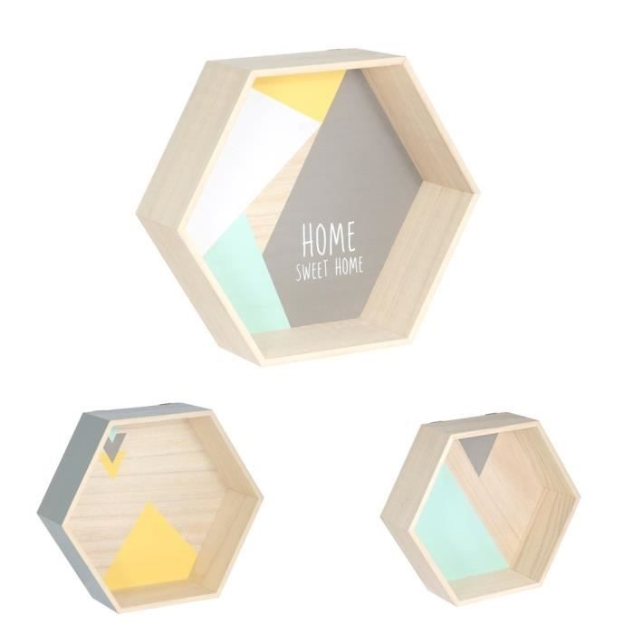 THE HOME DECO FACTORY Lot de 3 étagères hexagonales - Bois - 35x11x30 cm - Vert et gris