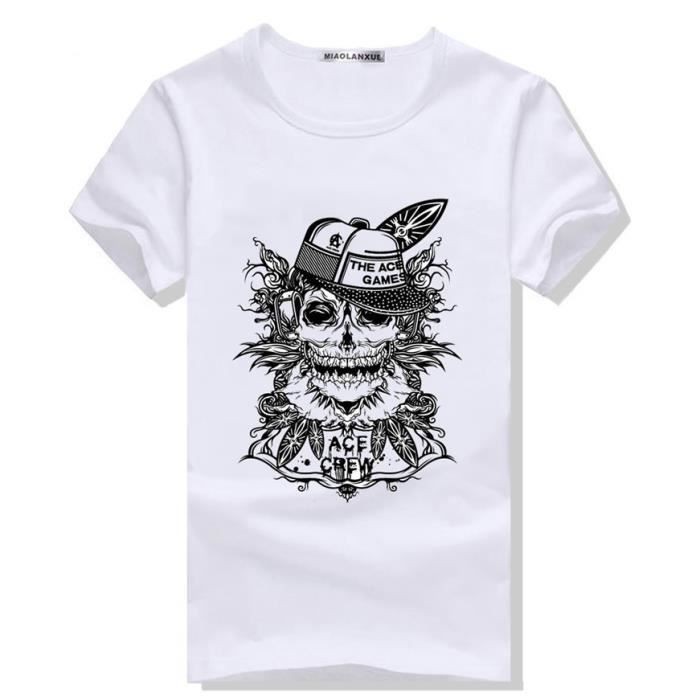 Blanc Tee Skull Men T Homme Coton Achat Shirt Imprime Ybfgyv76
