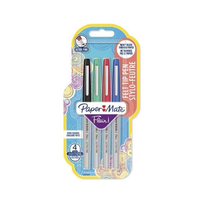 Produit shopeco.fr : PAPER MATE Lot de 4 stylos Flair - Pointe ultrafine - Coloris assortis (Lot de 3)