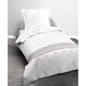 TODAY Parure de couette Happy Little Dream 100% Coton - 1 housse de couette 140x200 cm + 1 taie 63x63 cm gris, blanc, rose et bleu