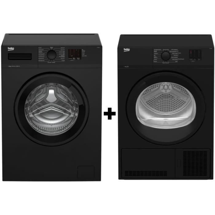 Pack BEKO - Lave linge frontal - 8kg - 1200 trs/min - A+++ - Noir laqué + BEKO - Sèche-linge - Condensation - 7kgs - B - Noir