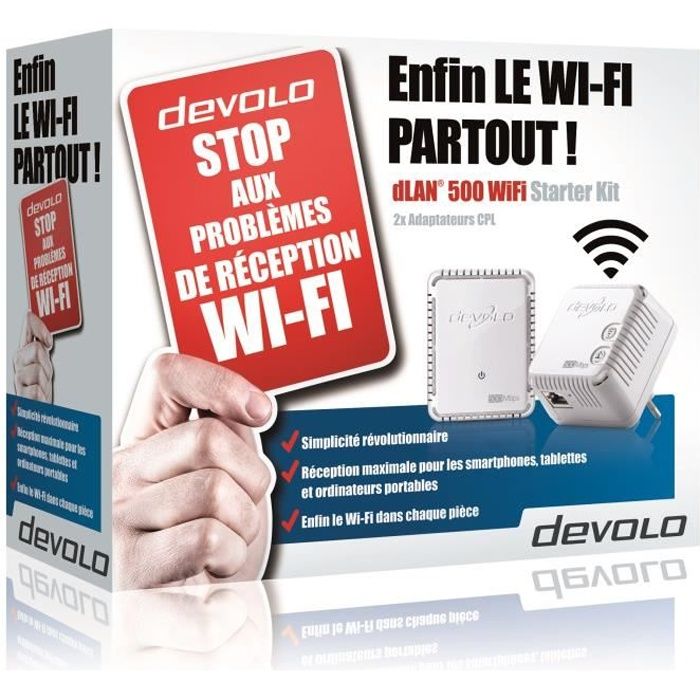 DEVOLO Kit 2 CPL Wi-Fi 500 Mbit/s, 2 ports Fast Ethernet, Kit de démarrage (x2) Modèle 9084 dLAN 500 WiFi,