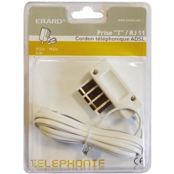 Cordon RJ11 haut-débit ADSL mâle / prise T mâle 3 m - blanc