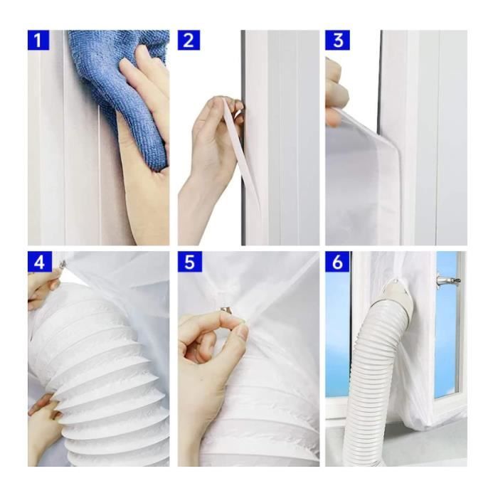 Schéma en 6 étapes montrant linstallation du kit de calfeutrage : nettoyage de la fenêtre, fixation de la bande adhésive, pose de la bâche blanche, insertion du tuyau souple, fermeture de la fermeture éclair, vue finale du kit installé sur la fenêtre.