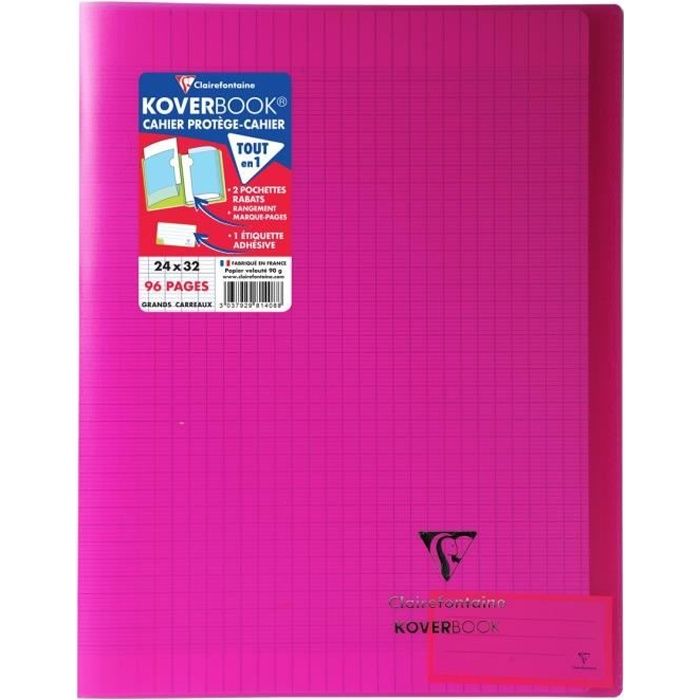 Cahier Koverbook Rose 24x32cm 96 pages a grands carreaux - Clairefontaine
