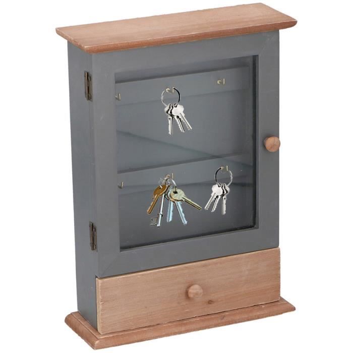 Boite Armoire à Clés Murale Rangement des clefs En Bois Design Gris Tiroir de rangement