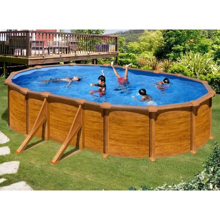 GRE Piscine ovale acier 5,27 x 3,27 x H 1,32 m - Imitation bois