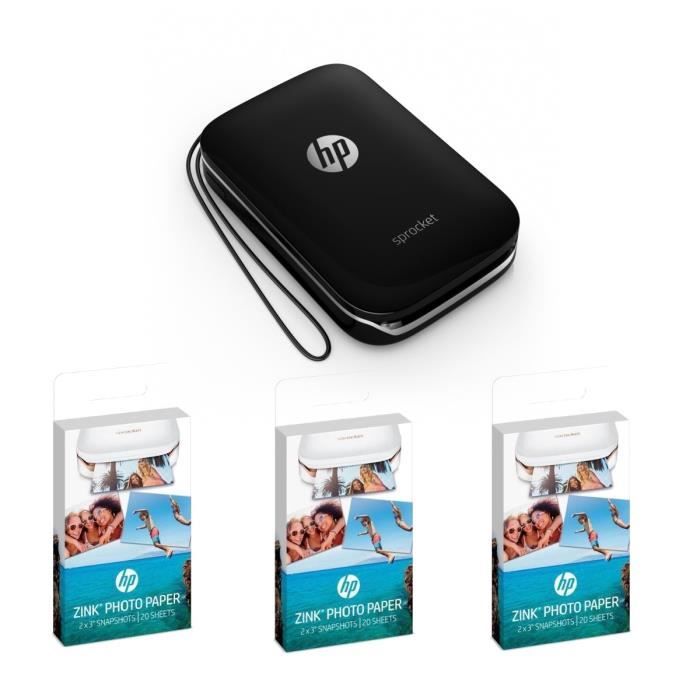 Imprimante Photo de poche HP - Sprocket Noir - Impression Instantanée + Pack 3 x20 feuilles papier photo adhésif ZINK