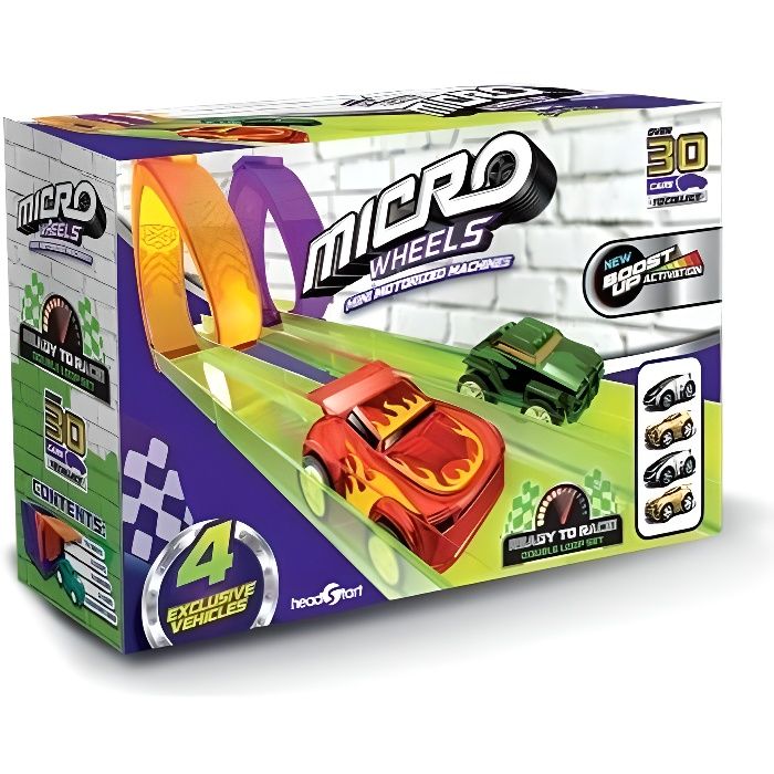 MICRO WHEELS Pack de micro voiture wheels super - 2 loops + 2 garages + 4 voitures - Pour faire la course et des loopings