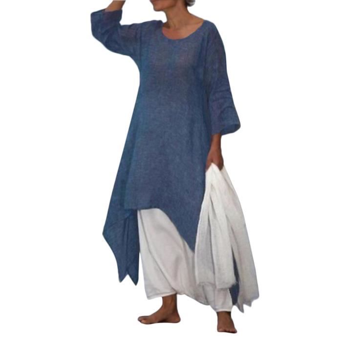Irrégulière Midi Couleur Élégant 3 Uni Robes Taille Lin Grande Minetom Femme Tunique Lâché Robe Été 4 Manches Vintage tQshrCdx