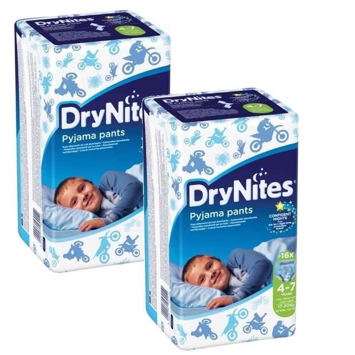 HUGGIES Lot de 2 DryNites Boy 4/7 ans - De 17 à 30kg - 16 couches culottes pour la nuit