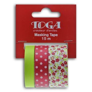 TOGA Lot de 3 Masking tape - fleurs/pois/uni framboise/anis - 5m