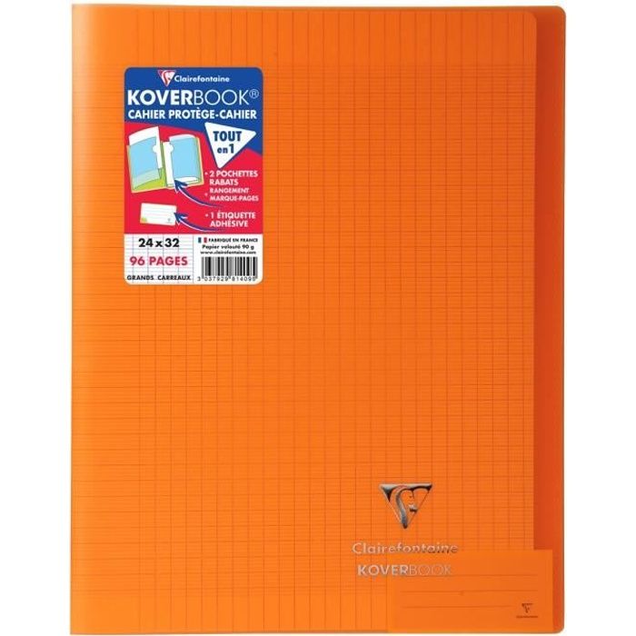 Cahier Koverbook Orange 24x32cm 96 pages a grands carreaux - Clairefontaine