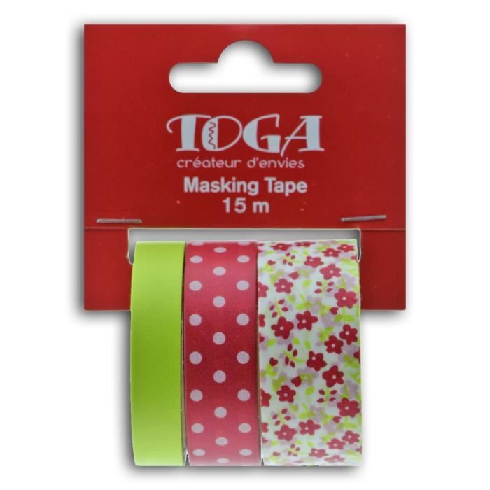 TOGA Lot de 3 Masking tape - fleurs/pois/uni framboise/anis - 5m