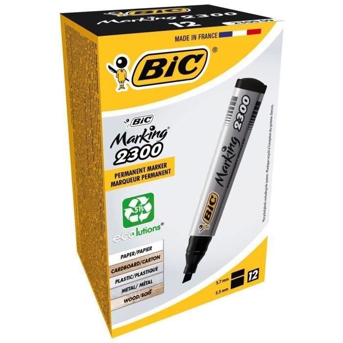 Lot de 12 marqueurs indelebiles 2300 - BIC - Pointe moyenne - Noir