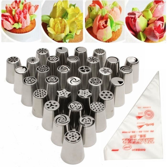 32Pcs Douilles Pâtisserie Buse Gâteau Décoration Inox Embout Nozzle+100 Poche ES