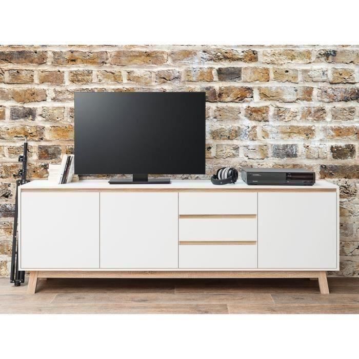 APART Buffet bas scandinave blanc mat et décor chêne Sonoma - L 200 cm