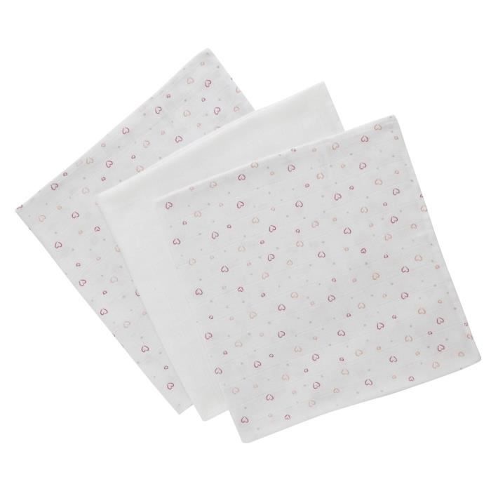 DOUX NID Lot 3 Langes 2 CŒurs + 1 Blanc 60 x 60 cm