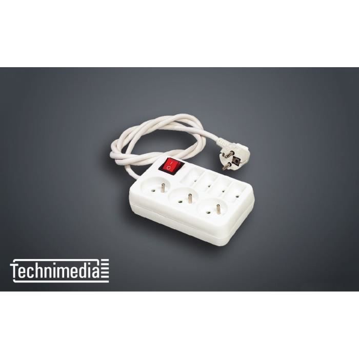 TECHNIMEDIA Bloc 7 prises avec interrupteur 3 x 2P + T et 4 x 2P - 3680 W - Cordon de 1 m