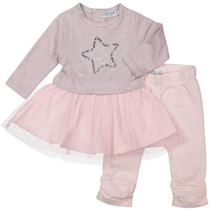 DIRKJE Ensemble 2 Pièces Robe Broderie Etoile Jupe Tulle + Legging Rose Bébé Fille